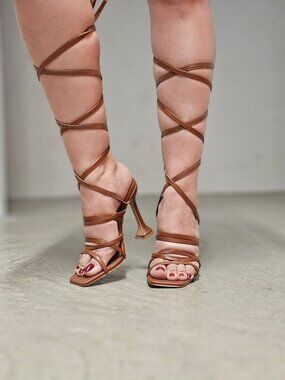 Strappy Brown Gladiator Heels With Lace-Up Design & Square Toe High Heel Sandals